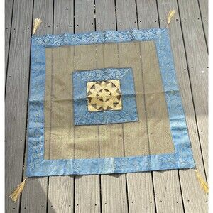 VTG Lebanese Aghabani Tablecloth Overlay Blue Gold Mesh Net Appliqué Tassels